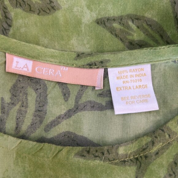 La Cera Green Sheath Shift Dress Floral Self Belt Size XL Cottagecore Casual - Picture 2 of 6